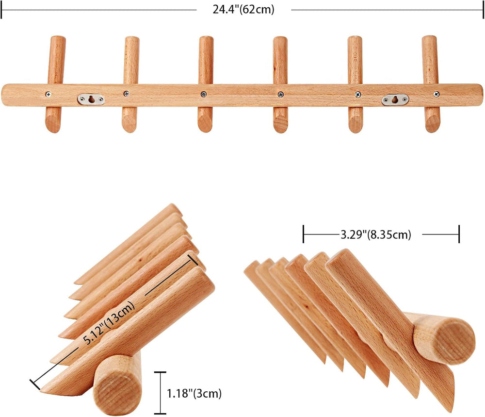 KYSMOTIC Wood Coat Rack Wall Mount Wooden Hat Rack (Beech Wood, 6Hooks)