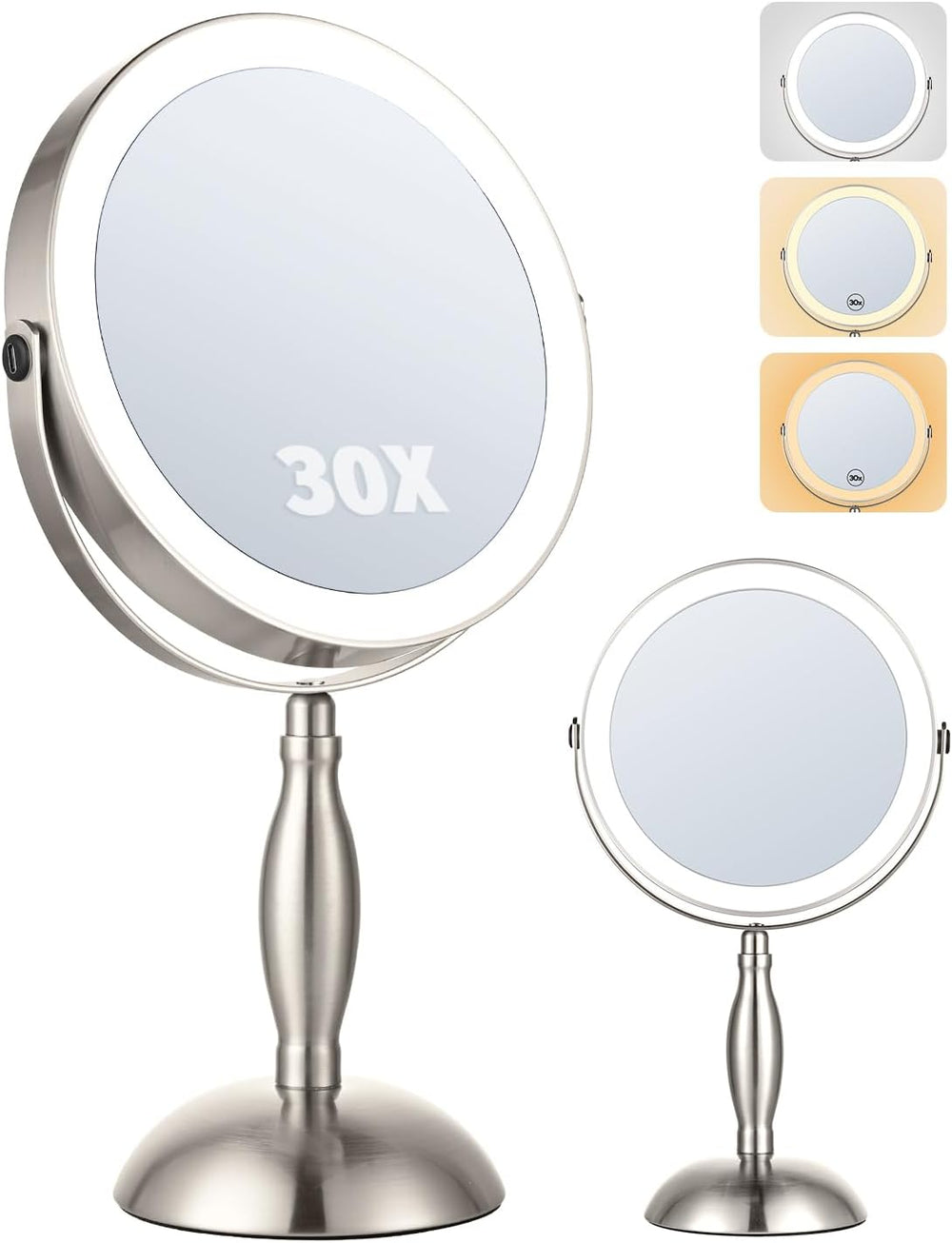 8"Makeup Mirror with Light–Brushed Nickel, 30X Magnifying/1X Double Sided