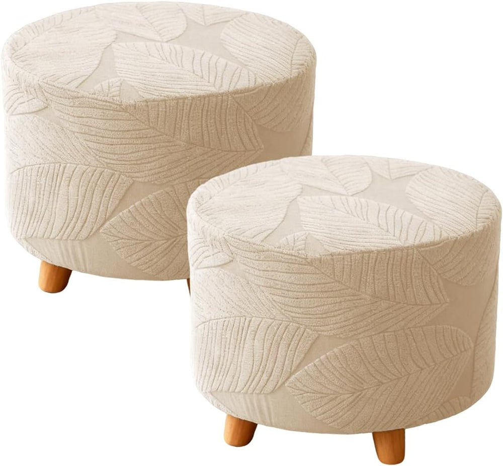 Round Ottoman Cover Stretch Round Ottoman Storage Slipcover Leaves Jacquard F...