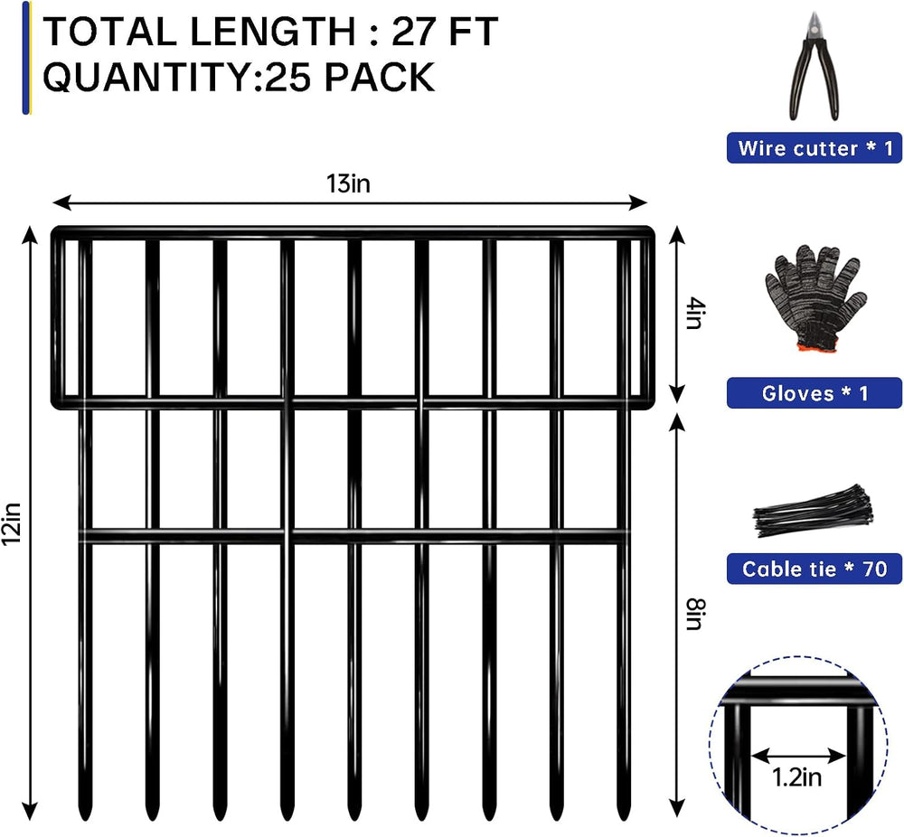 25 Panels Animal Barrier Fence, 27 Ft(L) X 13 in(H) No Dig Garden Edging Bord...