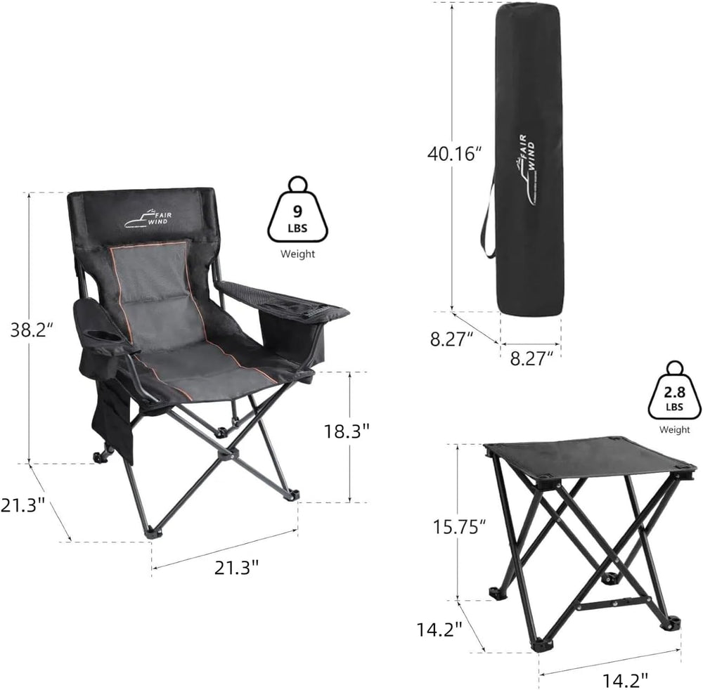 FAIR WIND Oversized Padded Camping Chair with Footrest Stool Set Heavy Duty S...