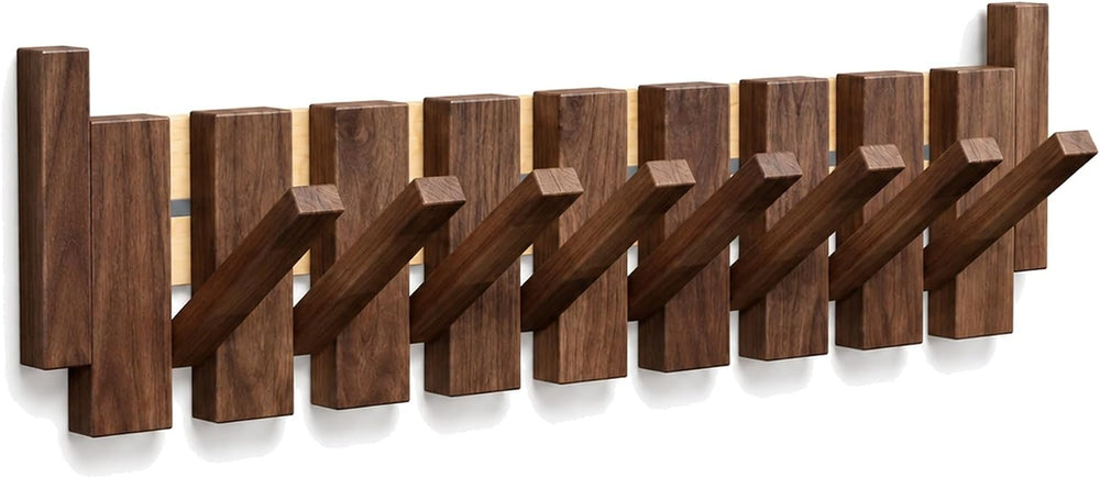Piano Key Coat Rack Wall Mounted, 8 Flip-Down Hooks, Walnut-Toned