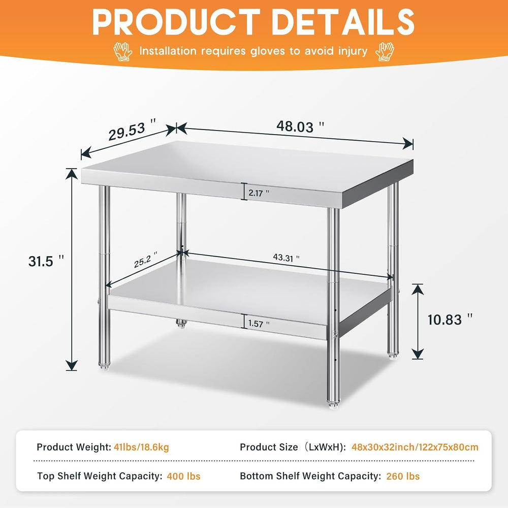 Jocisland 48 x 30-Inch Stainless Steel Prep and Work Table
