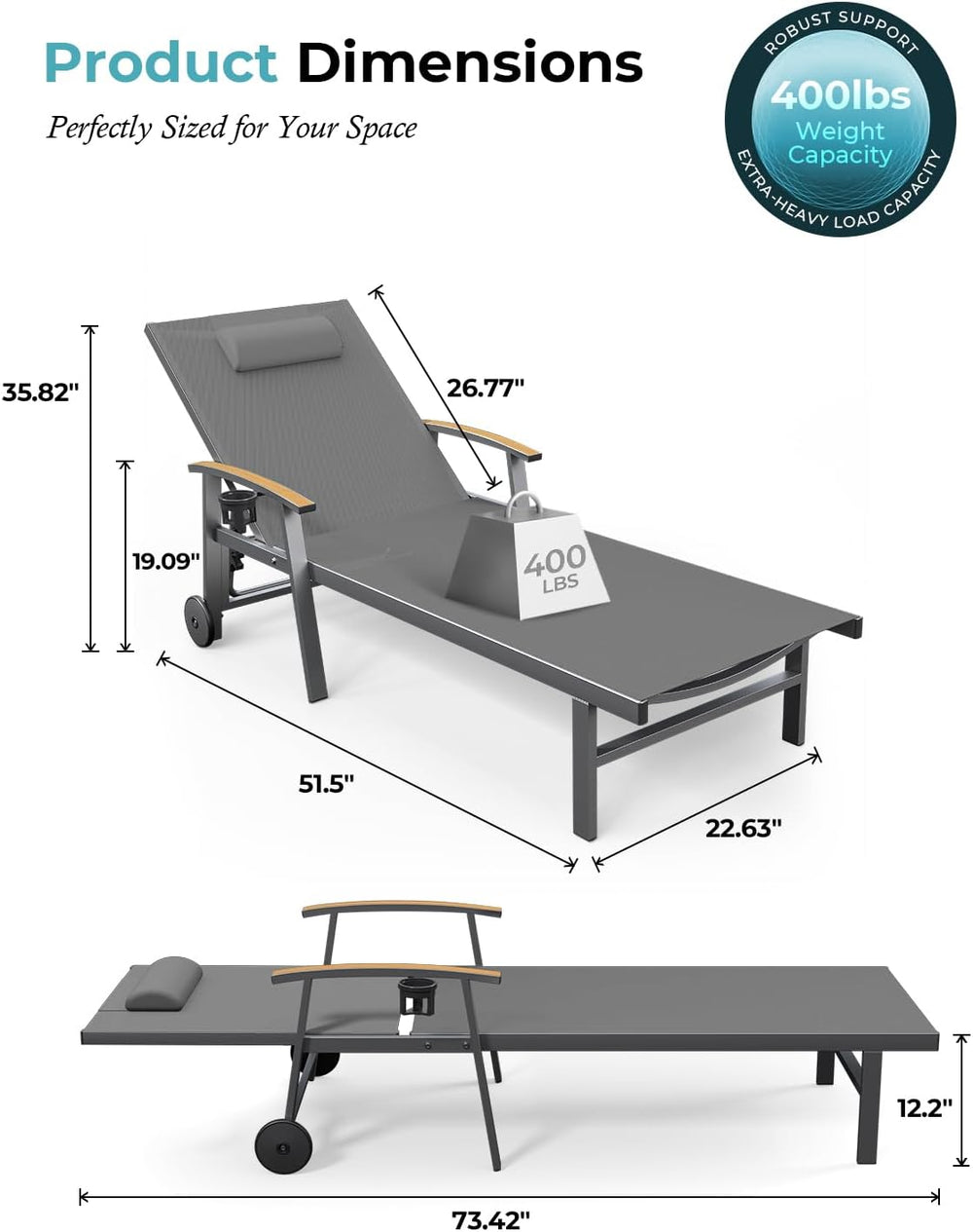 Ciokea Outdoor Lounge Chair with Pillow, 5-Position Aluminum Chaise Lounge wi...