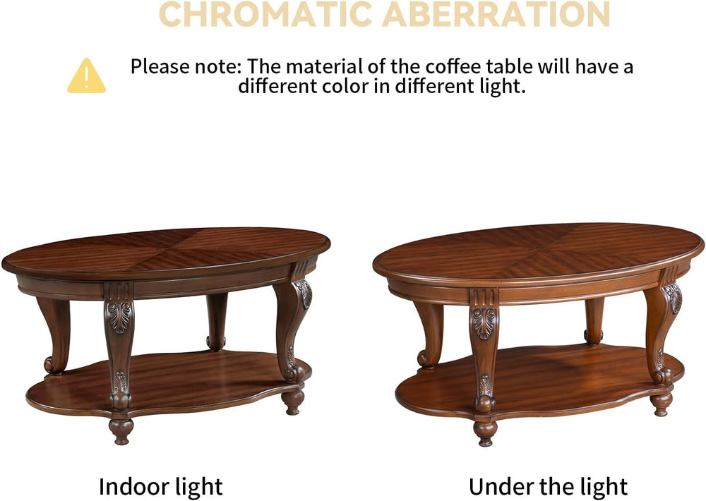 LKTART 42" Vintage Oval Coffee Table, 2 Tier with Storage Shelf, Cherry