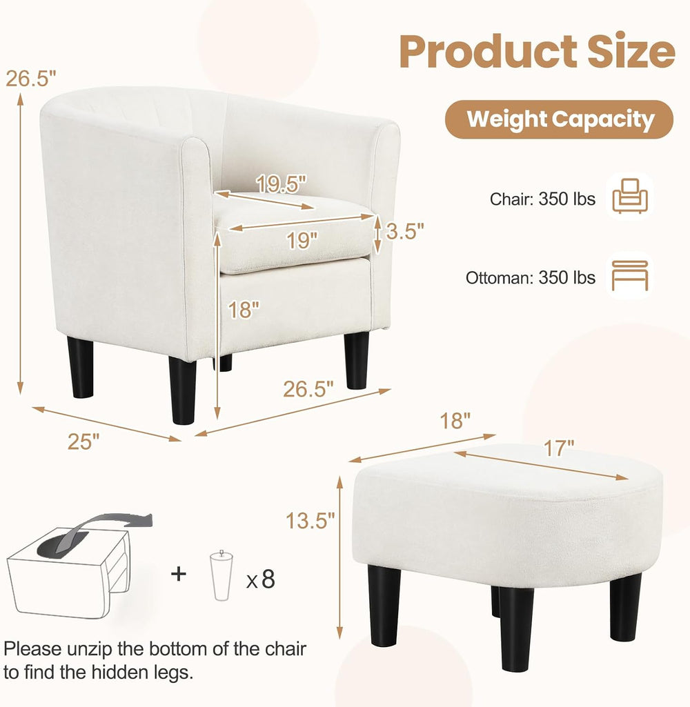 KOMFOTT Accent Chair with Ottoman, Upholstered Teddy Velvet Barrel Chair with...