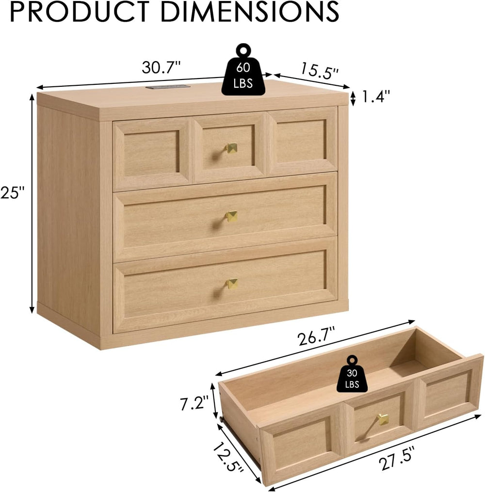 3 Drawers Nightstand Set of 2 W/Charging Station, 30.7" W King Size Beds...