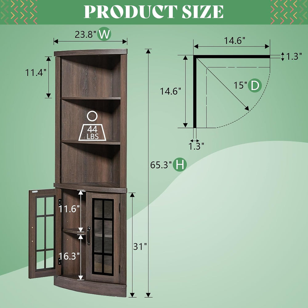AMERLIFE Curved Corner Storage Cabinet, 65" Tall Freestanding Bookcase