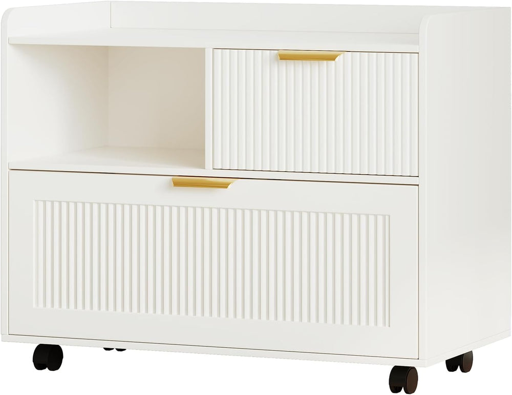 Lateral File Cabinet with Fluted Drawers, White Wooden Office Cabinet with St...