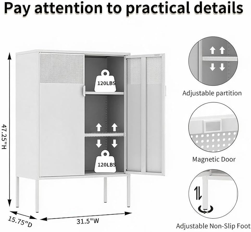 White Metal Storage Cabinet with 2 Doors, 47''H Locker Cabinet