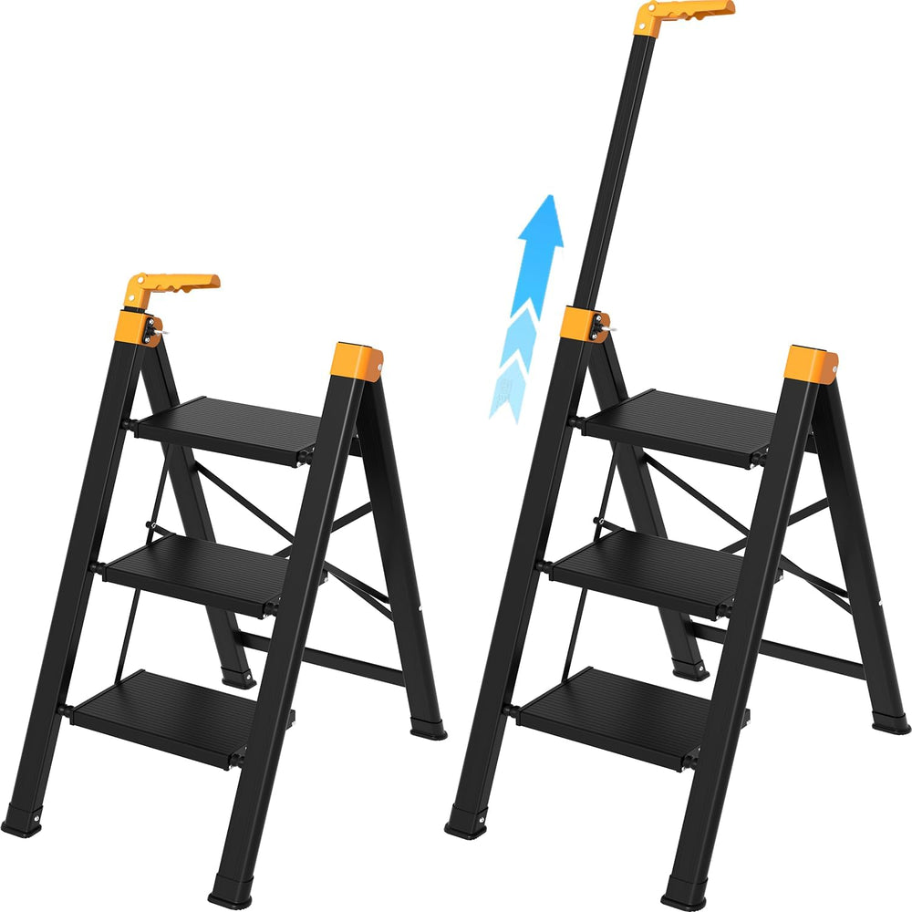 3 Step Ladder with Single-Handrail, Aluminum Step Stool Foldable (Yellow)