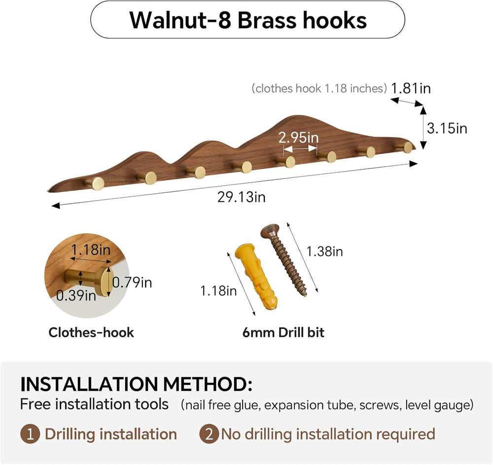 Wall Coat Rack, Walnut Wood, 8 Hooks