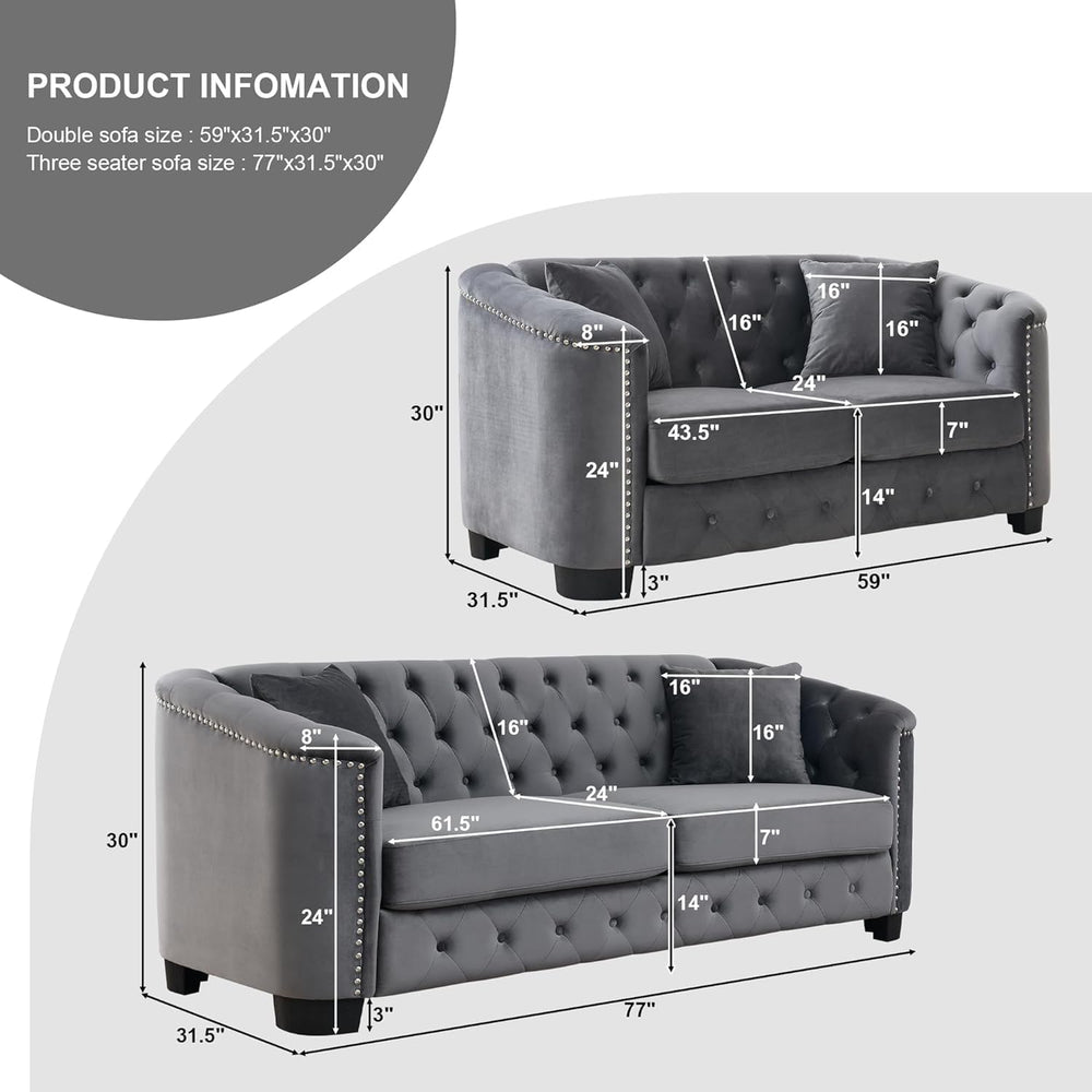 2 Piece Modern Chesterfield Velvet 77" 3-Seater+59" Loveseat Sofa S...