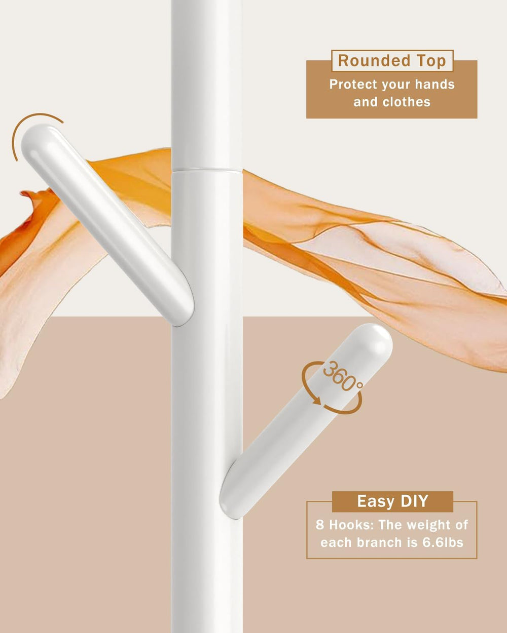 Yawinhe Coat Rack, Sturdy Woode Stand Tree with 8 Hooks,White
