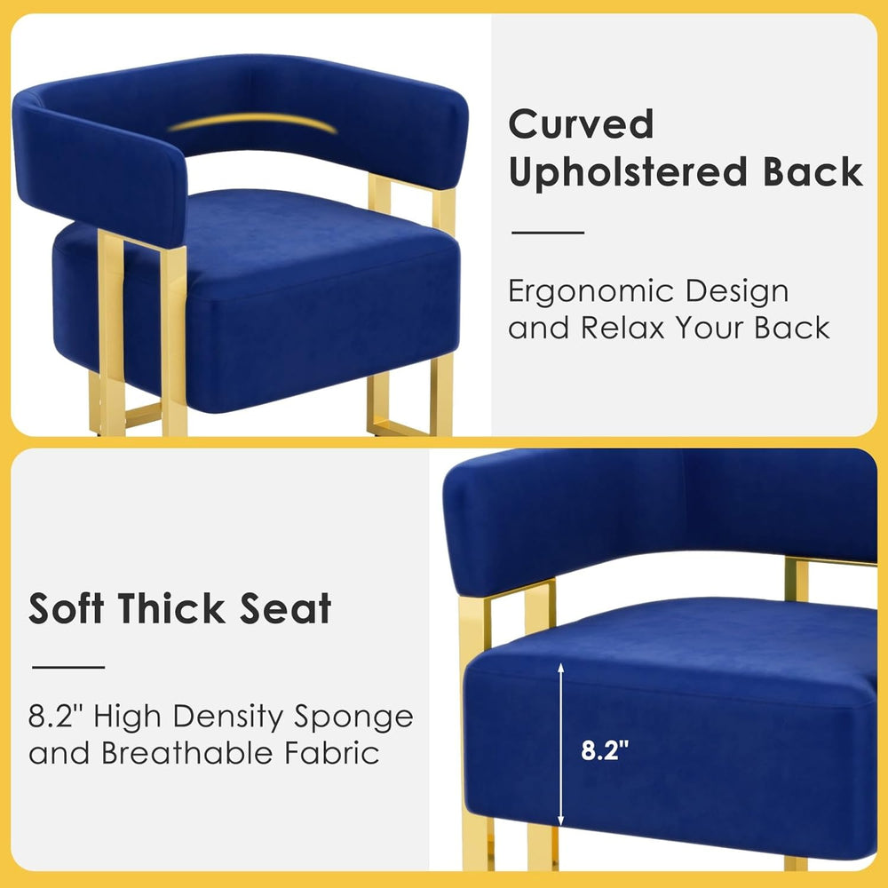 Velvet Dining Chairs Set of 2, Blue Upholstered Accent Armchairs, Gold Legs