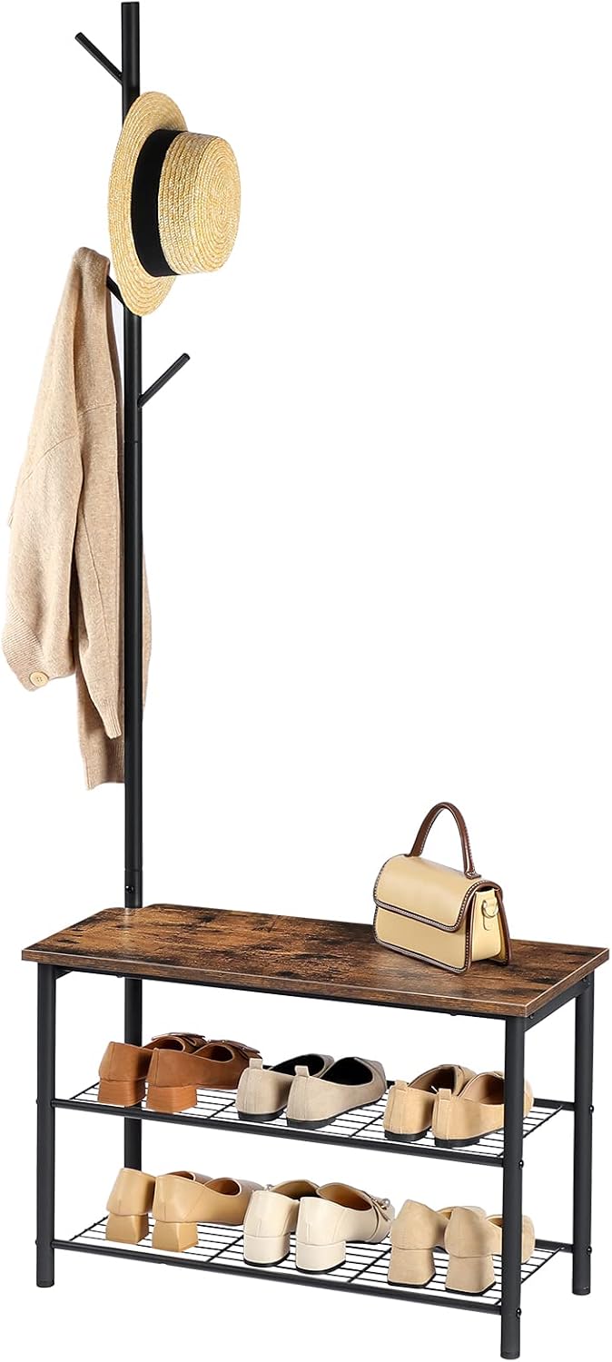 HOOBRO Coat Rack Shoe Bench, 3-Tier Shoe Rack, Industrial Storage Bench