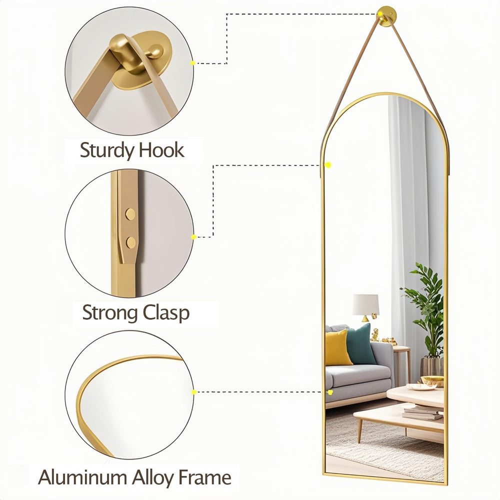 Dewfig 48"x16" Arched Full Length Mirror, Wall Mirror, Leather Stra...