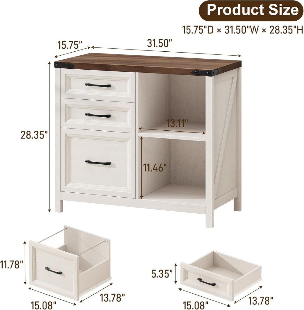 3 Drawers Farmhouse File Cabinet with Shelves, Rustic White and Brown