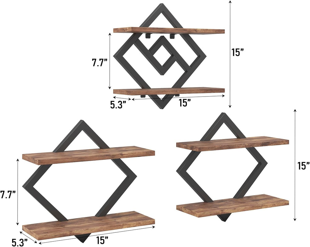 2-Tier Floating Shelves on Wall, 3-Piece Set, Wooden Wall Shelf, Brown