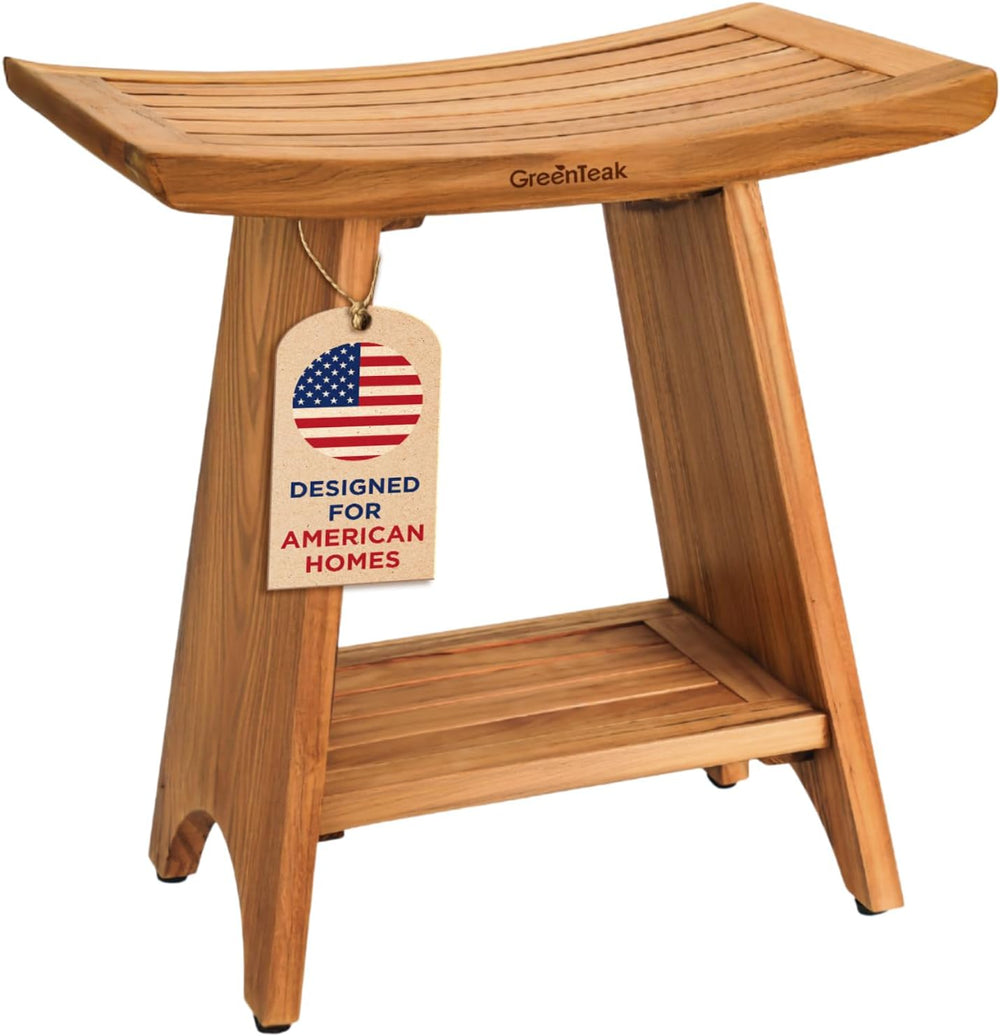 Premium 18" Teak Shower Bench, Non-Slip Safety, 2-Tier - Curved