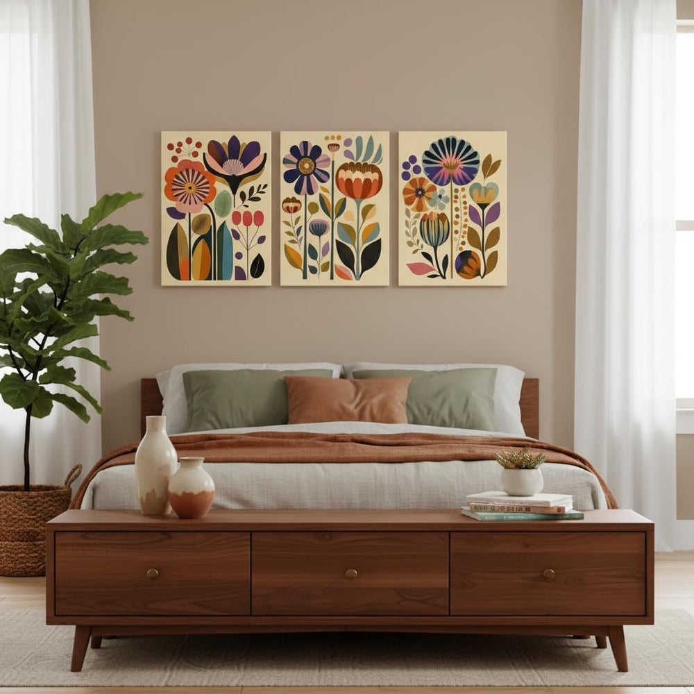 XIGBAWAN 3 Pcs Boho Floral Canvas Wall Art,Scandinavian Flower Wall Decor