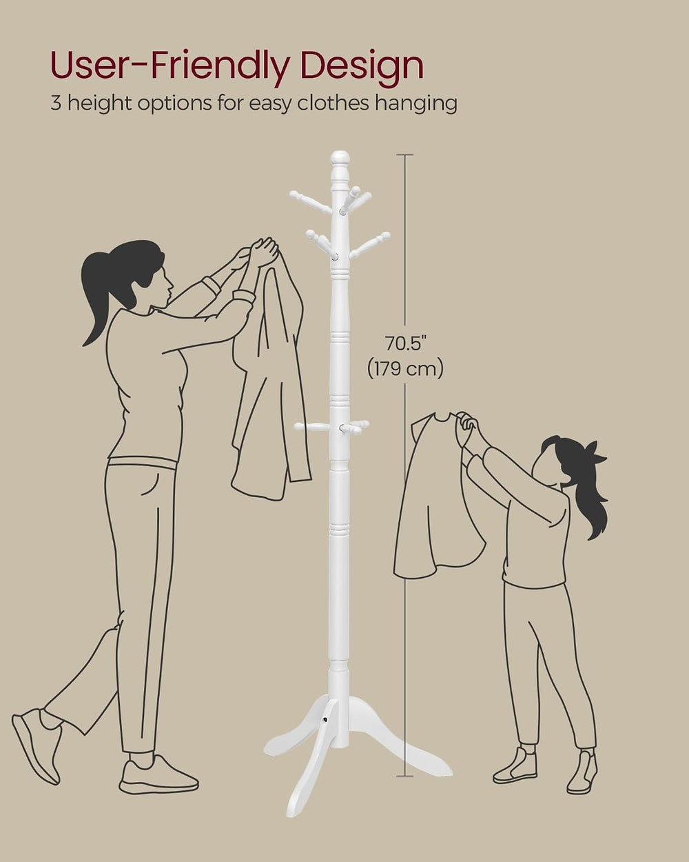 VASAGLE Freestanding Coat Rack, Rubber Wood Coat Tree with 9 Hooks