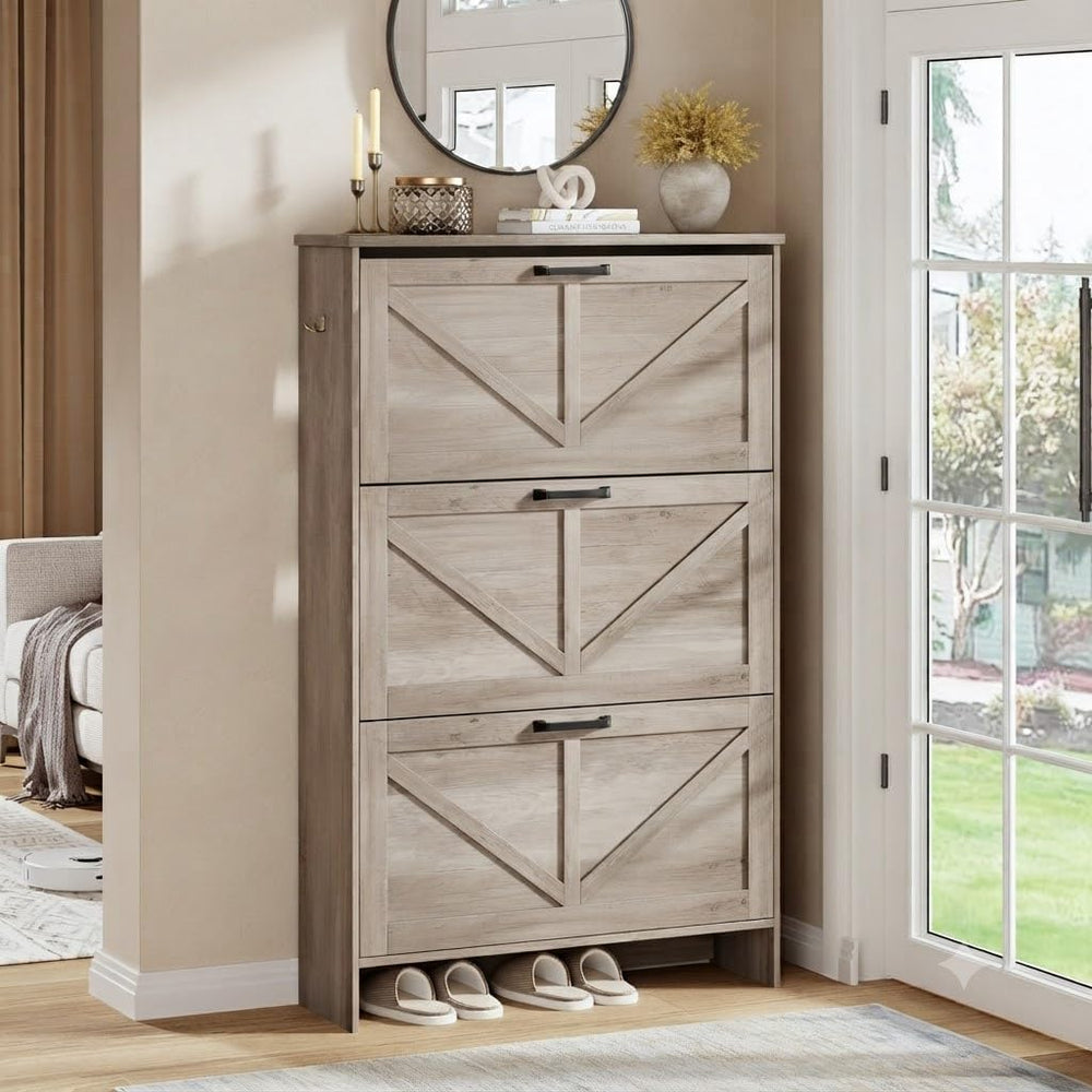 Nicetree Farmhouse Gray Shoe Cabinet – Ultra Slim 3-Drawer Flip Organizer wit...