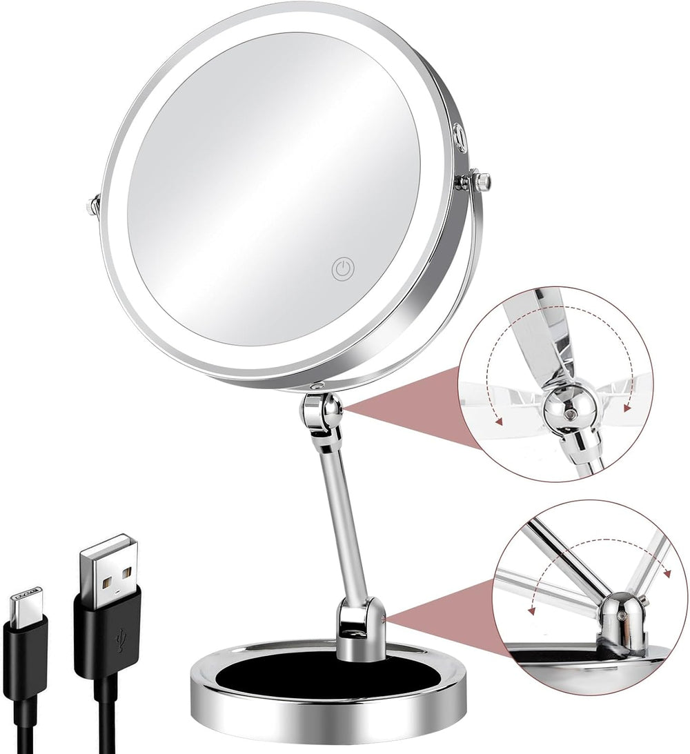 8" Foldable 10X Magnifying Mirror with Light, Storable Base, Chrome