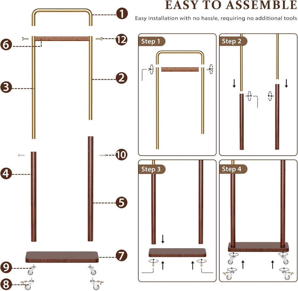 Taitiy Solid Wood Clothes Rack on Wheels for Bedroom, Living Room