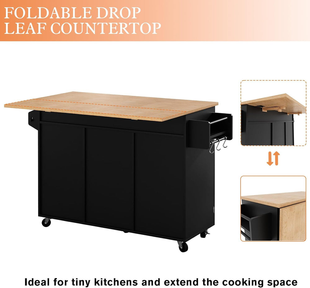 HLR Farmhouse Kitchen Island On Wheels, Black