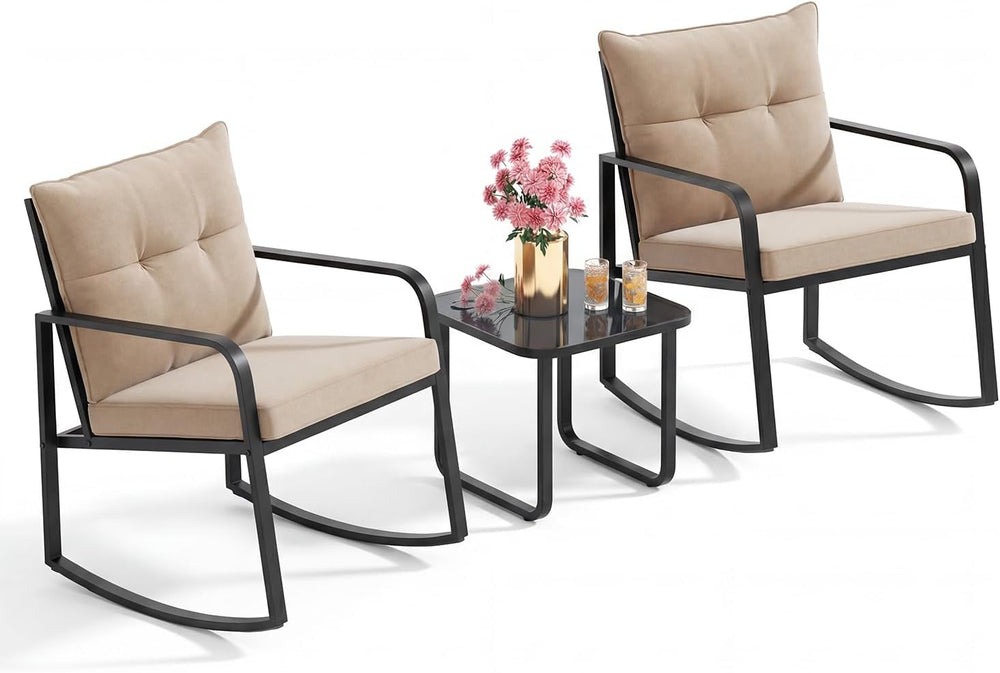 Gizoon 3 Pcs Rocking Bistro Set, Black Steel Patio Furniture,Beige Cushion