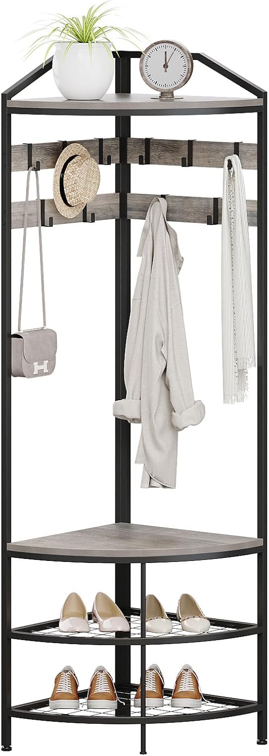 GiftGo Grey Corner Hall Tree with Shoe Bench Entryway Coat Rack with 10 Metal...
