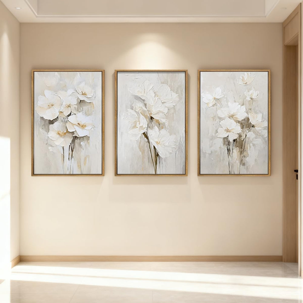 Anyzal Framed Neutral Beige Floral Wall Art Large 16x24 Inch White Cream Flow...