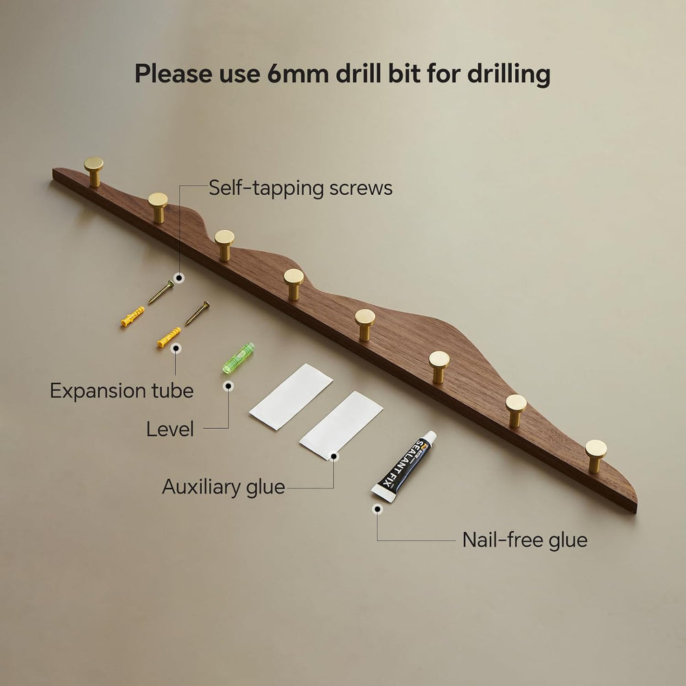 Wall Coat Rack, Walnut Wood, 8 Hooks