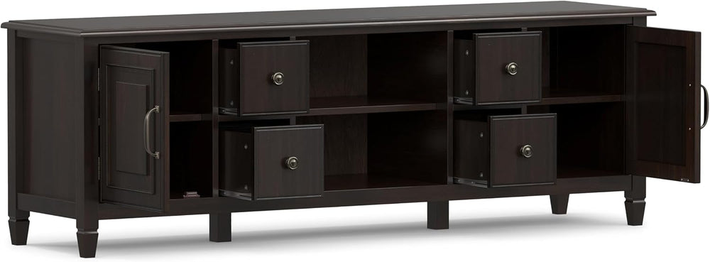 SIMPLIHOME Connaught 72" Wide Solid Wood TV Stand in Dark Chestnut Brown