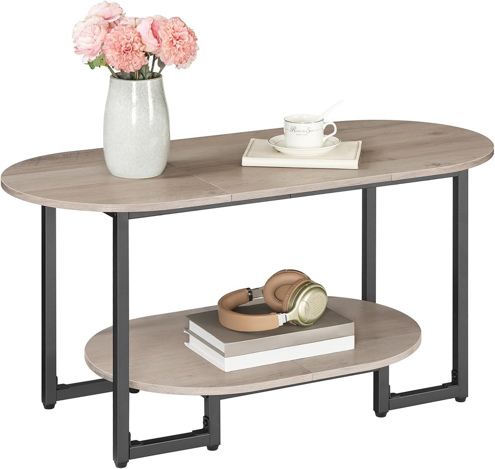 HOOBRO Coffee Table for Living Room, Oval Small Coffee Table with 2-Tier Open...