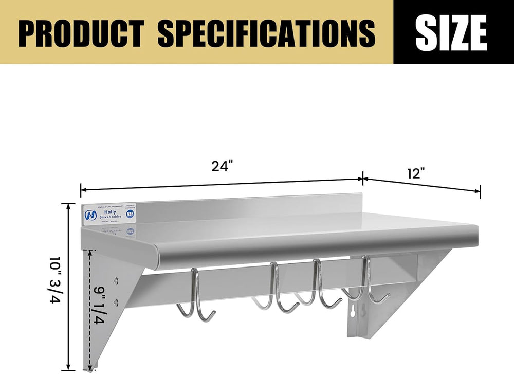 Hally Stainless Steel Shelf with 4 Hooks 12"x24" Wall Mounted Pot R...