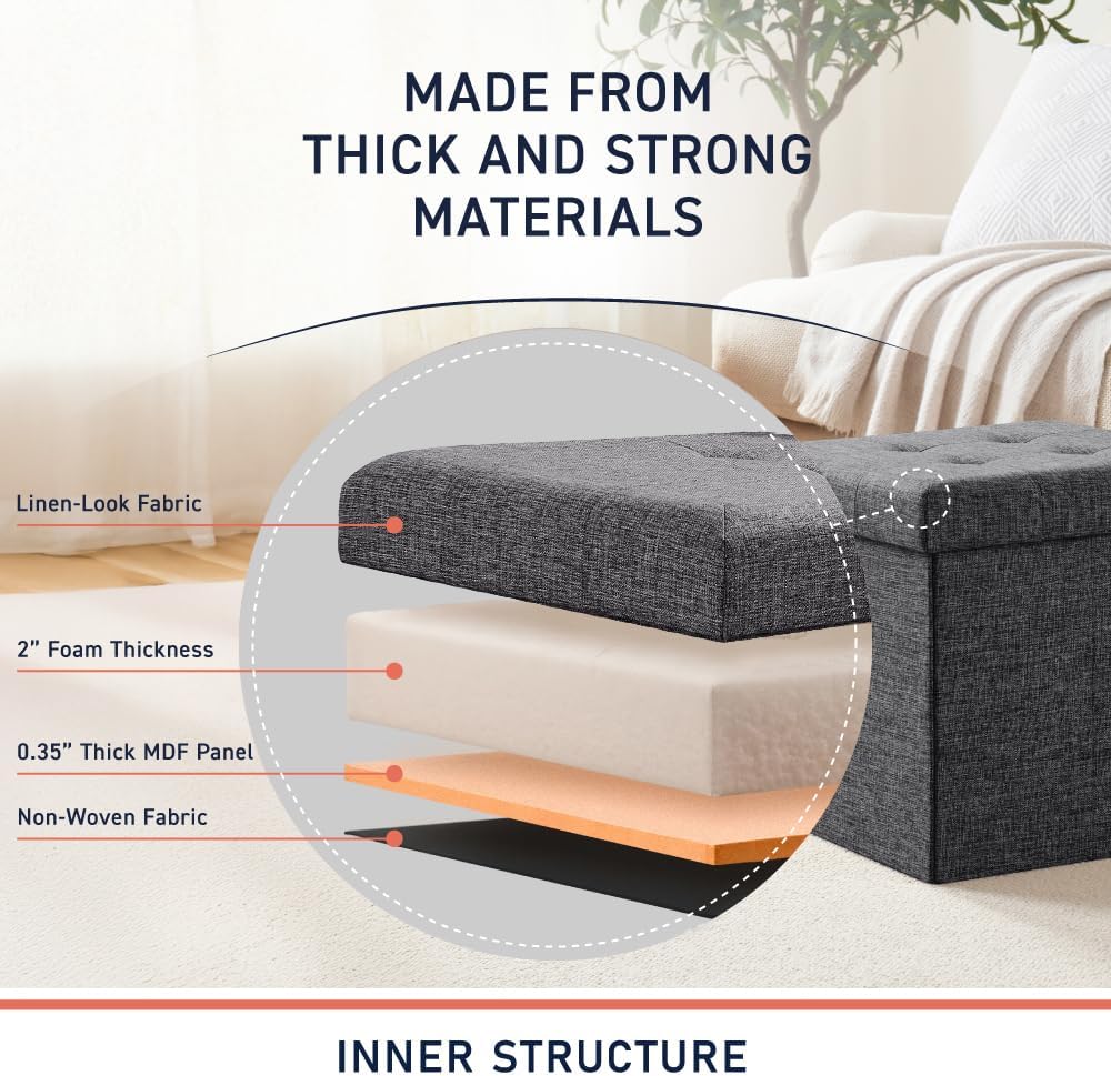Ornavo Home 2 Pack 15 Inch Folding Storage Ottoman Cube, Linen, Dark Gray