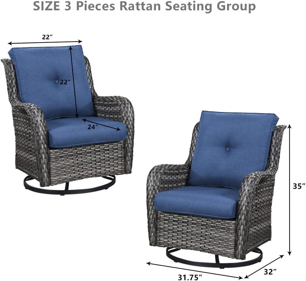 HUMMUH 5 Piece Wicker Patio Set, Sofa & Swivel Rockers, Grey/Blue