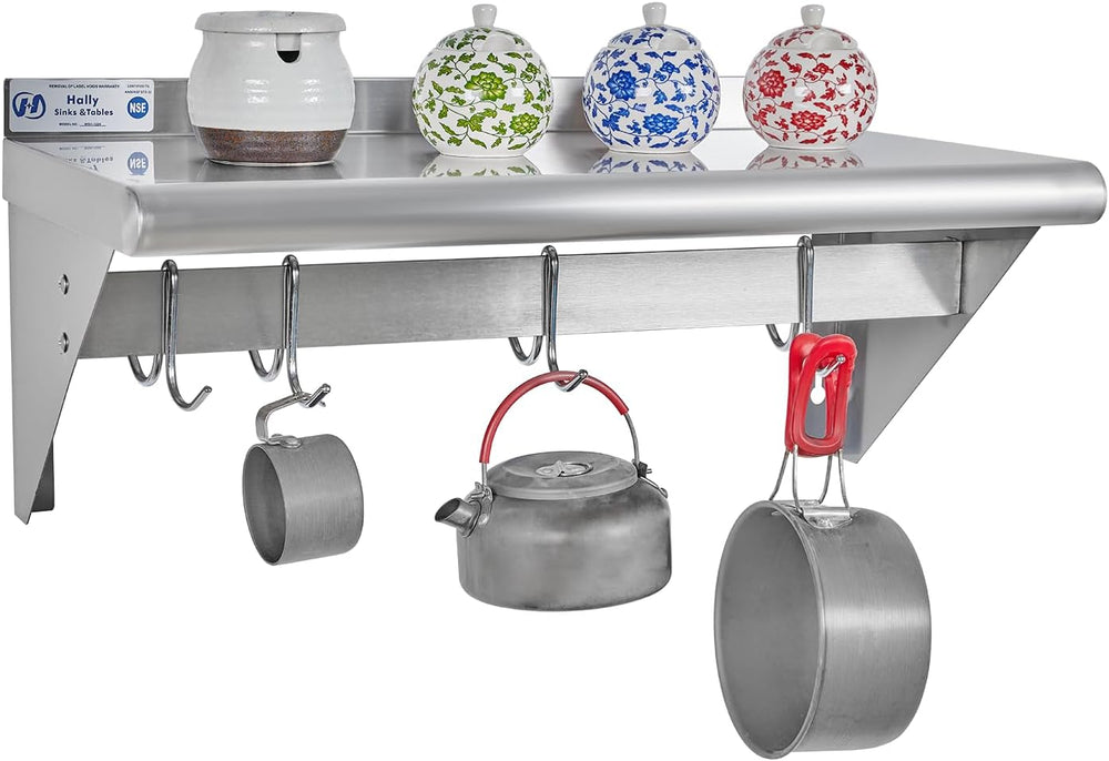 Hally Stainless Steel Shelf with 4 Hooks 12"x24" Wall Mounted Pot R...