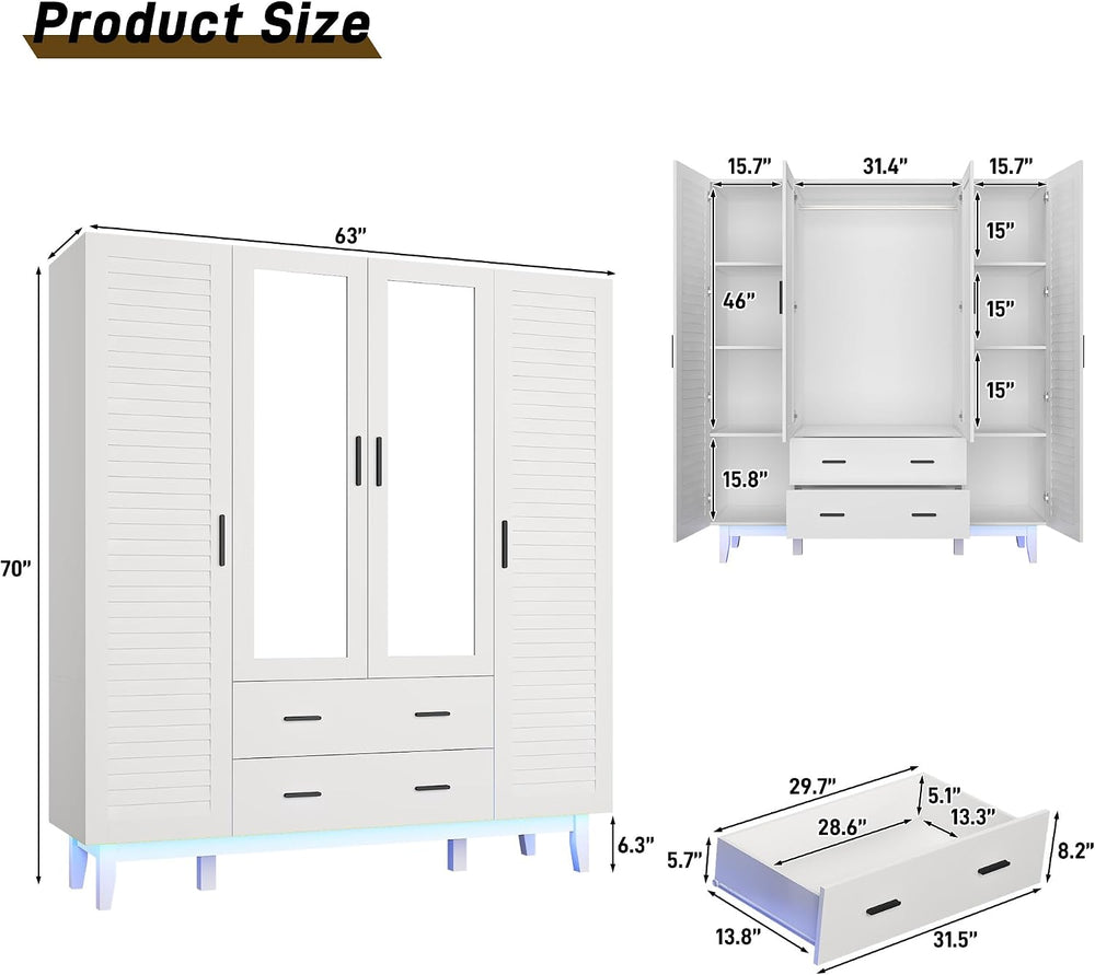 jiteentarou 4 Door Armoire Wardrobe Closet Cabinet with Drawers and LED Light...