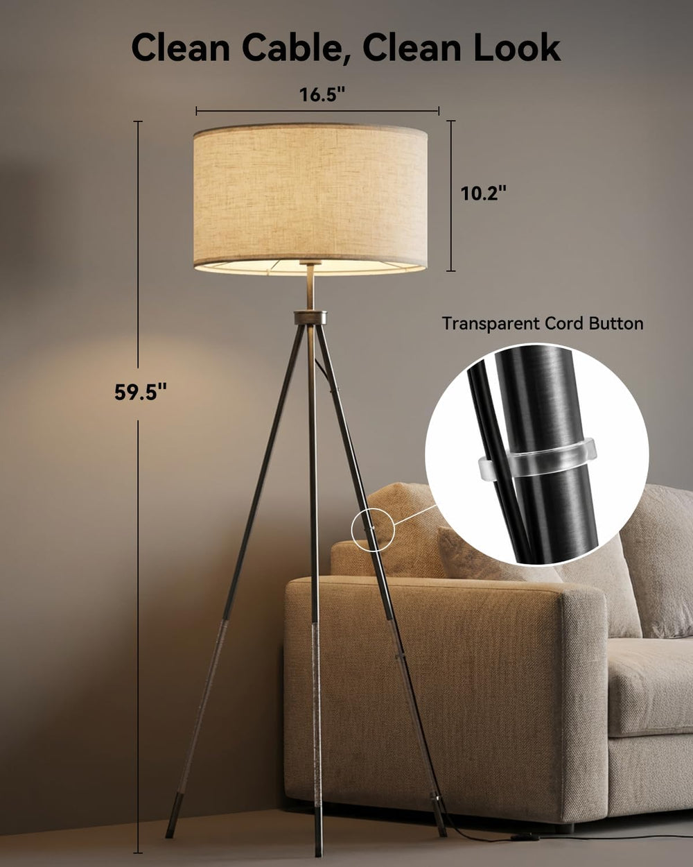 JOOFO Modern Metal Tripod Floor Lamp with Remote, 16.5" Linen Shade