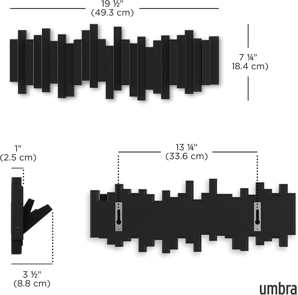 Umbra Sticks Wall Mount Coat Rack, 5 Hook Retractable Pegs, Black