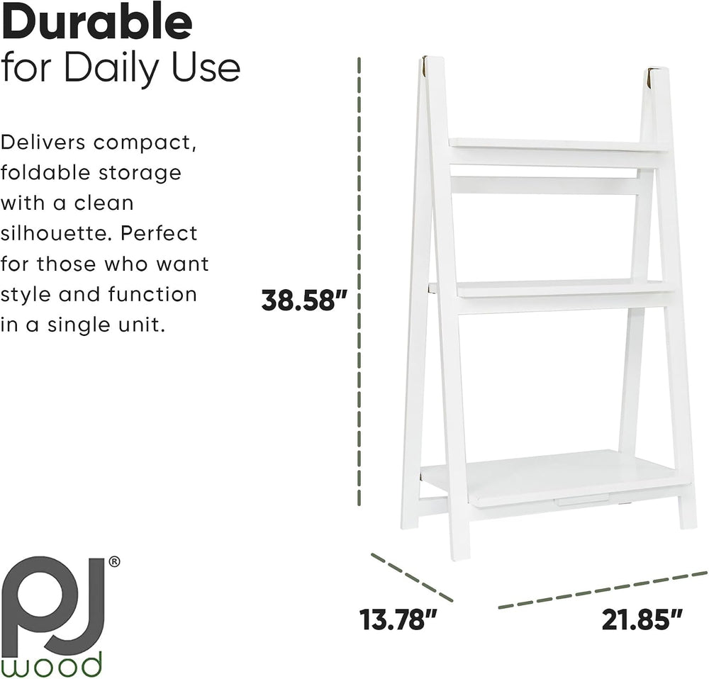PJ Wood 3-Tier Foldable Bookshelf, A-Frame, White