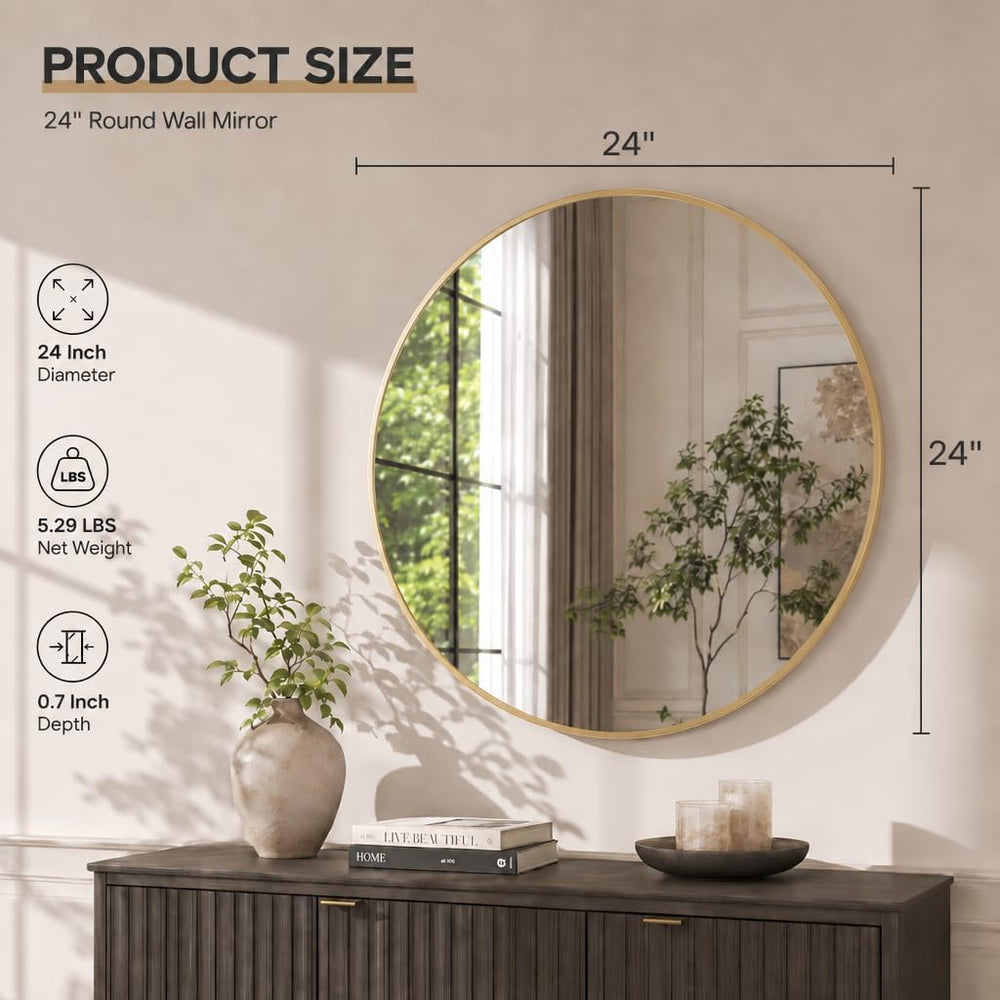 EASLY 24 Inch Round Mirror, Gold Metal Frame Wall Mirror for Bathroom