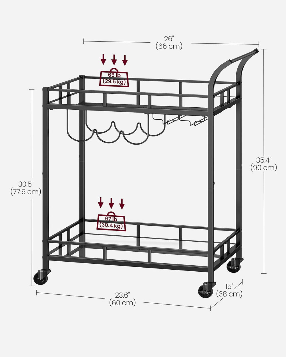 VASAGLE Bar Cart with 2 Mirrored Shelves, Wine Holders, Glass Holders
