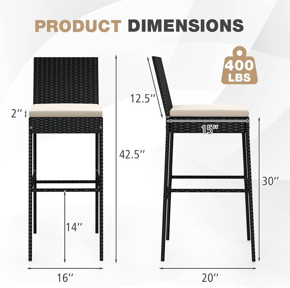 COSTWAY Outdoor Wicker Bar Stools Set of 2 with Cushion and Back Support