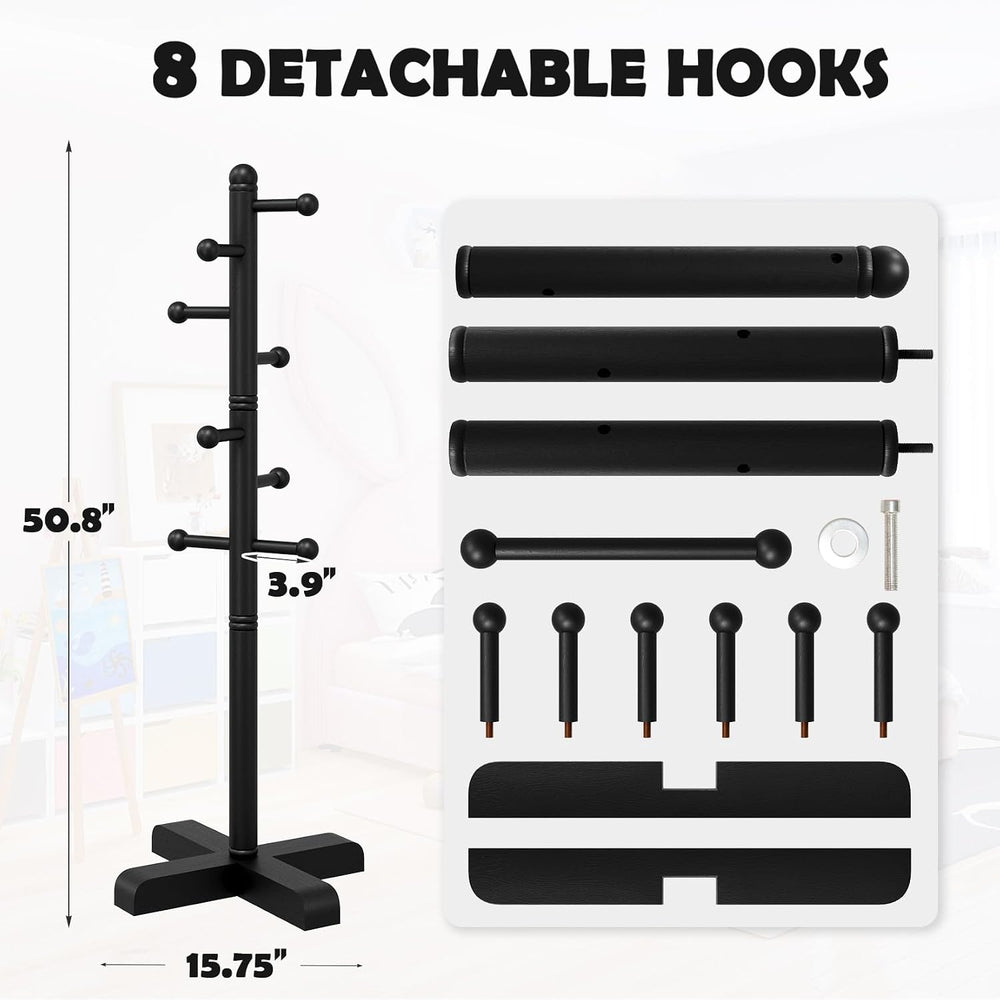 8-Hook Freestanding Wooden Coat Rack 2 Adjustable Heights BLACK