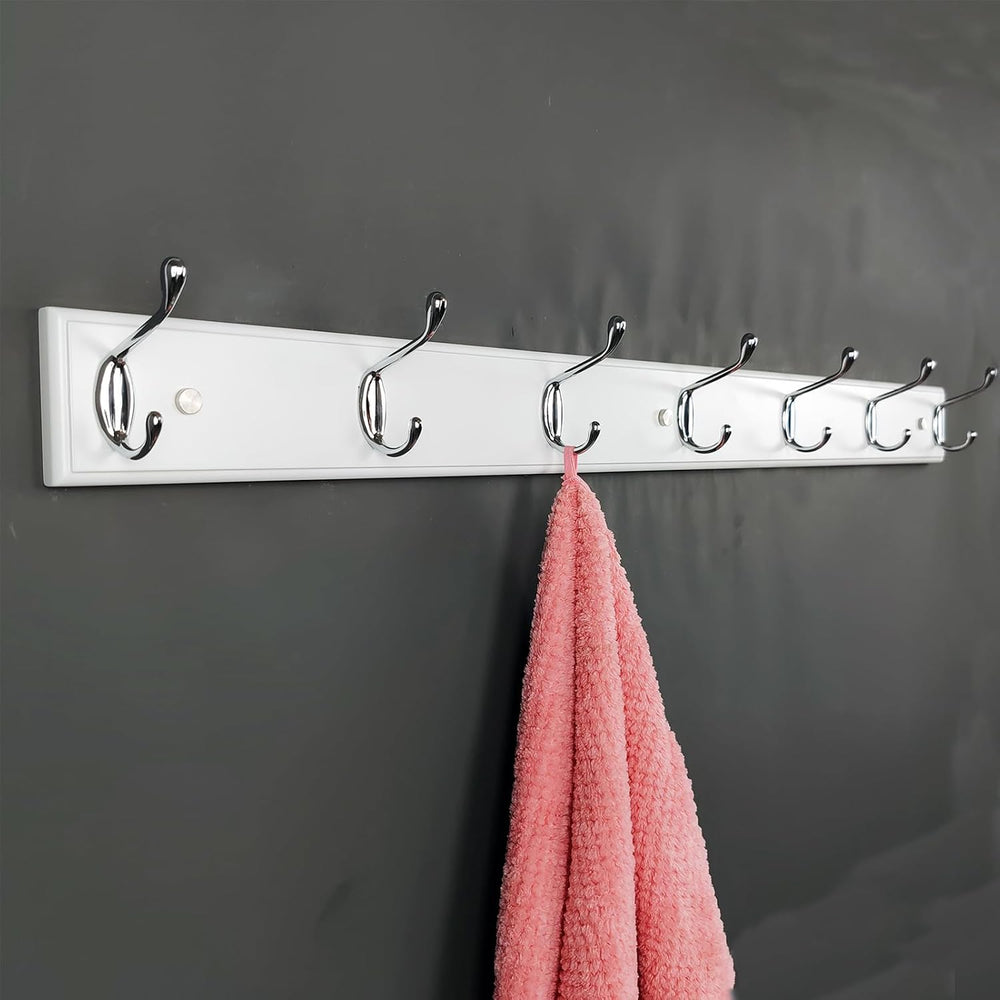 Wooden Wall Mounted Coat Rack – 35 Inch, White with 7 Silver Hooks for Entryw...