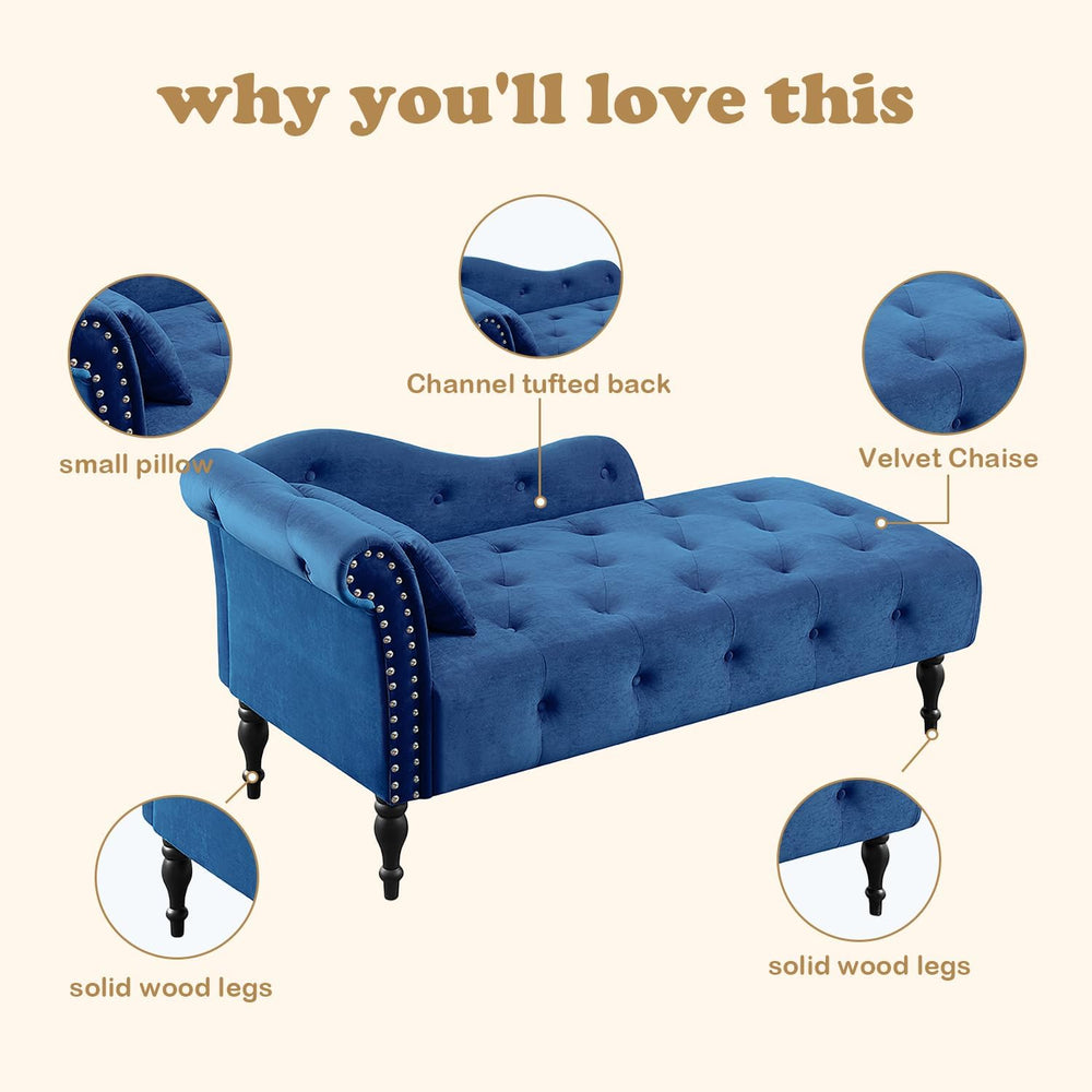 60.6" Velvet Chaise Lounge, Buttons Tufted Nailhead Trimmed, Upholstered...
